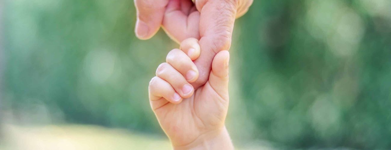 Grandfather and grandson holding hands. Little child hand holding big finger of his old father. Different generation family bonding. Love, care and trust concept.